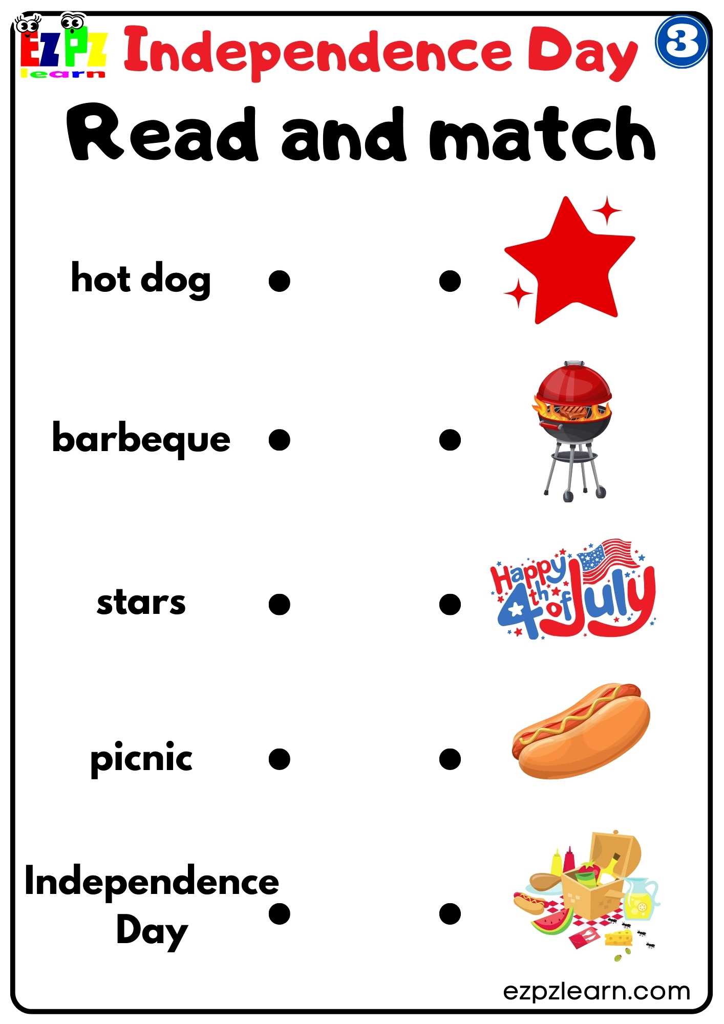 Read and Match Worksheet for Independence Day Group 3